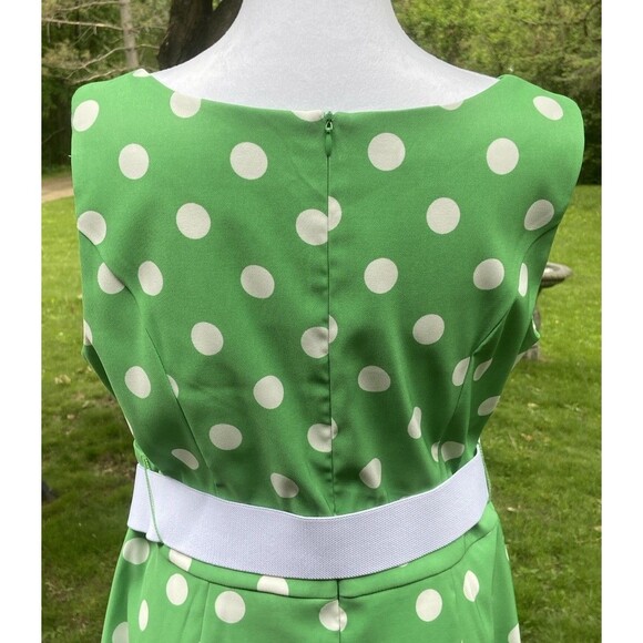 ROZ & ALI Women Sz 16 Green Dress White Polka Dot Wide Spandex Belt Sleeveless - Picture 5 of 16